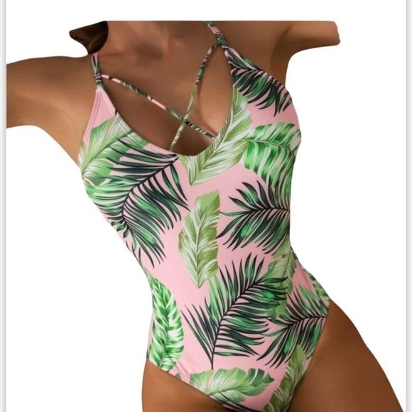 Other - Tropical Pink & Green Palm Tree Crisscross One Piece Swimsuit Size Large.